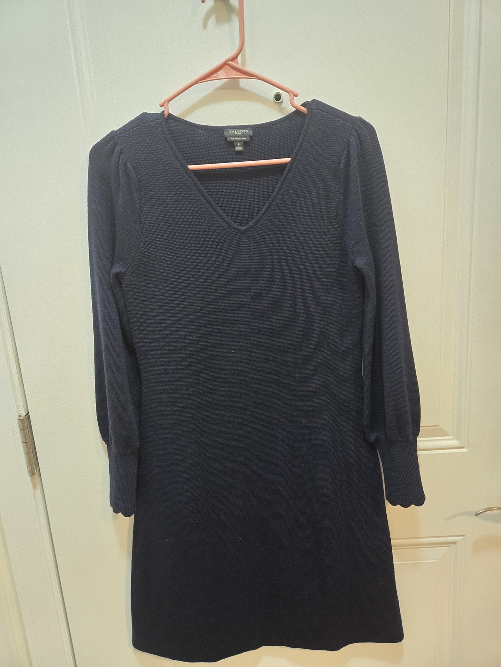Talbots Navy V-Neck Long Sleeve Knit Dress with Puff Sleeves